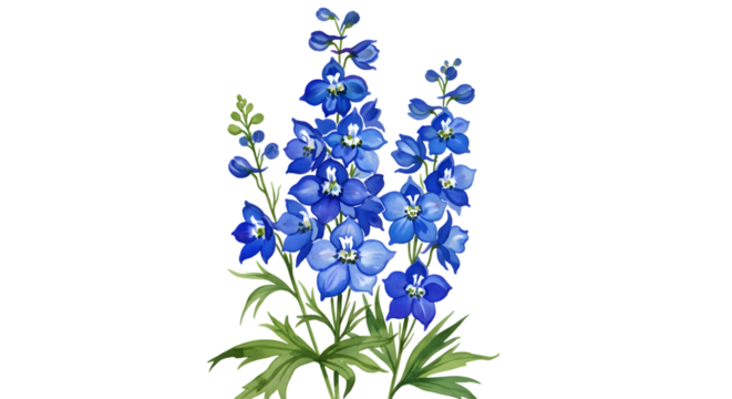 Watercolor illustration of a blue delphinium flower isolated on transparent background