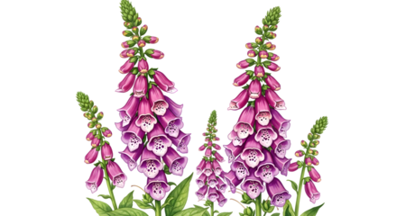 Watercolor illustration of foxglove flowers isolated on transparent background