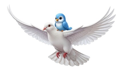 Fototapeta premium A small blue bird riding on the back of a white dove in flight isolated on white background