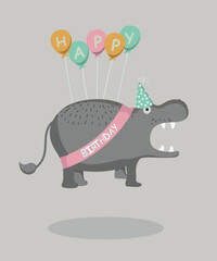 Happy Birthday Illustration with Hippopotamus and  Decoration Wearing Party Hat
