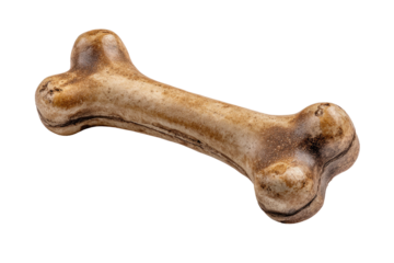 Close-up of a dog bone toy.  Light beige with dark brown accents.  Simple, stylized shape.  Isolated on black background