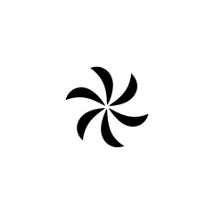 Abstract black floral design with six curved petals on transparent background silhouette