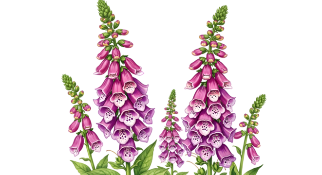 Watercolor illustration of foxglove flowers isolated on transparent background