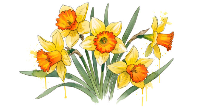 Watercolor illustration of a daffodil bouquet isolated on transparent background