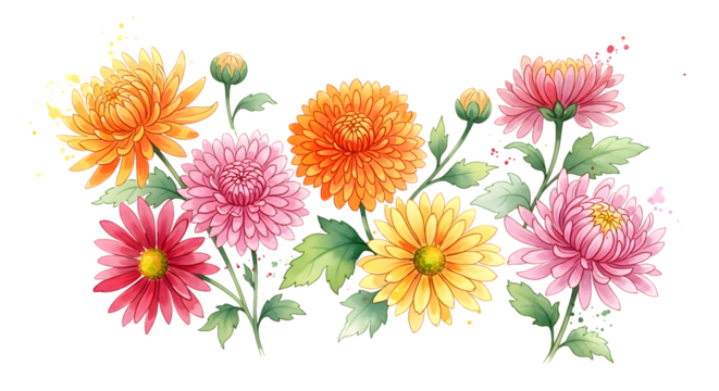 Watercolor illustration of chrysanthemum flowers isolated on transparent background