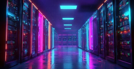 Cyber Data Oasis: A futuristic data center, glowing with vibrant neon light, showcasing rows of servers. a visual metaphor for the digital age
