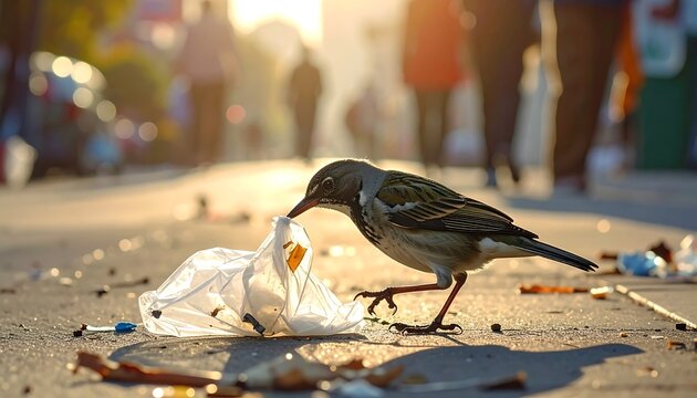 Bird Eating Plastic on City Street.