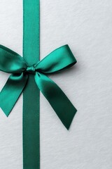 A smooth emerald green satin ribbon bow is tied on the left over a silver textured background, forming a clean and elegant composition for festive wrapping