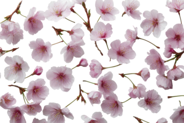 Close-up view of many delicate pink cherry blossoms, softly lit, against a black background.  Petals and stems are visible