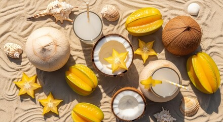 Exotic Fruits And Tropical Refreshments On Golden Sands Creating Vacation Bliss