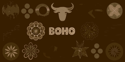 Boho style graphic design with bull head mandala and floral elements in earthy tones