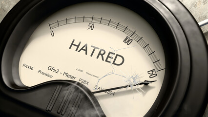 Hatred meter showing high levels of hatred. Dangerously increasing values of hatred, critical overload. Too much, off the charts. Max hatred ,3d illustration