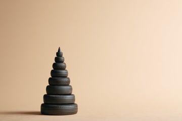 A small Christmas tree sculpture is formed by stacking black car tires of different sizes into a conical shape, photographed in a minimal studio with beige backdrop