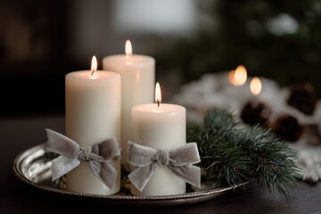 Three white pillar candles tied with elegant gray velvet bows are arranged on a silver tray with evergreen twigs and pinecones in a cozy Christmas interior scene