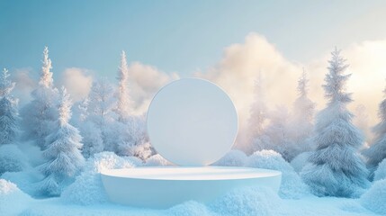 White round platform in snowy winter forest for holiday product display