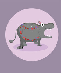 Happy Valentine's Day Illustration with Hippopotamus and Love Decoration 