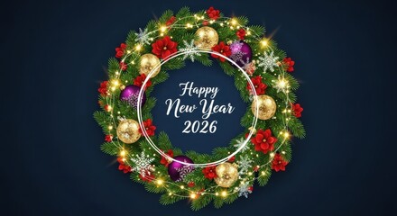 Christmas Wreath with Lights and Ornaments for New Year 2026
