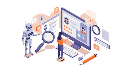 ai recruitment analysis woman analyzing candidate profiles on a computer with ai robot assistant for hr tech innovation and efficient hiring
