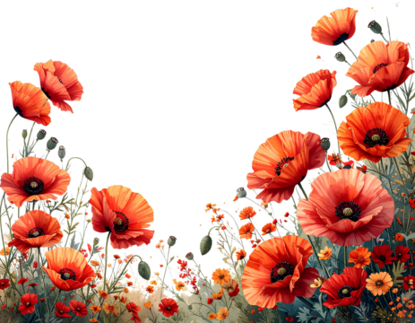 Firefly_Transparent background with a poppy flower border on the right side, white space in t