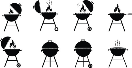 Barbecue grill silhouettes vector illustration, outdoor cooking equipment, BBQ icons, charcoal smoker, picnic party design, summer food preparation, isolated black kitchen appliance set