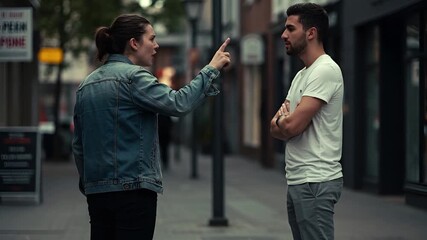 Frustrated woman confronts man with crossed arms in city street, capturing tense disagreement with authentic emotion, perfect for relationship drama or urban life story - Powered by Adobe