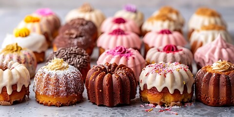 Assortment of beautifully decorated mini bundt cakes, a sweet and colorful treat for any occasion