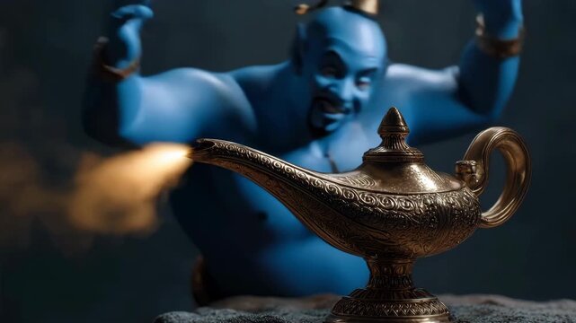 Magic genie emerging from ancient golden lamp