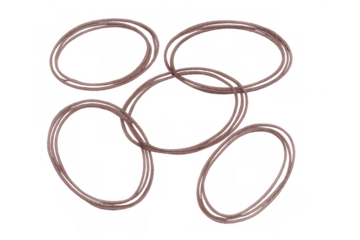 Brown rubber bands scattered, elastic office supplies and stationery items for organizing paperwork, transparent background