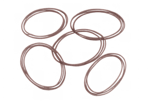 Brown rubber bands scattered, elastic office supplies and stationery items for organizing paperwork, transparent background