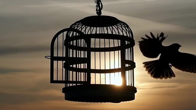Bird escapes open birdcage silhouetted against golden sunset sky in slow motion. Dramatic backlit scene symbolizes freedom, liberation, breaking free. For inspirational and motivational content.
