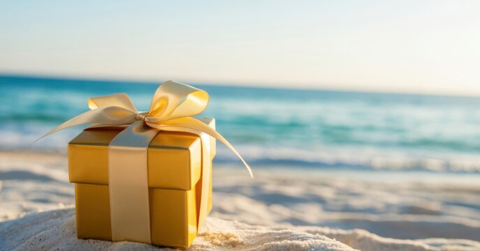 Gift on the shore: A golden gift box, wrapped with a delicate ribbon, rests upon soft, sun-kissed sand, with the serene ocean beckoning in the distance. 
