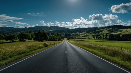 Fototapeta premium An empty asphalt road extending under a wide open sky with distant horizon, soft sunlight, photorealistic and cinematic.