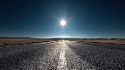 An empty asphalt road extending under a wide open sky with distant horizon, soft sunlight, photorealistic and cinematic.