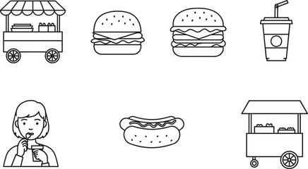 Fast food vector set, hamburger, hot dog, soda cup, street food cart, person drinking, snack illustration, black outline style, minimal design