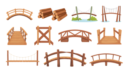 Collection of cartoon wooden bridges and logs on a black background illustration png Design Elements Isolated on Transparent Background