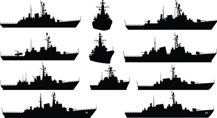 Naval warship silhouettes illustration, military ships vector set, destroyer cruiser frigate collection, navy fleet design, maritime defense vessels, battleship graphic icons, sea combat