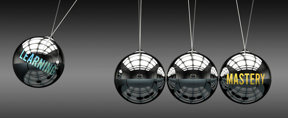 Learning leads to Mastery. A metaphor in which learning initiates motion of mastery and gives it energy. Cause and effect relation between learning and mastery. ,3d illustration