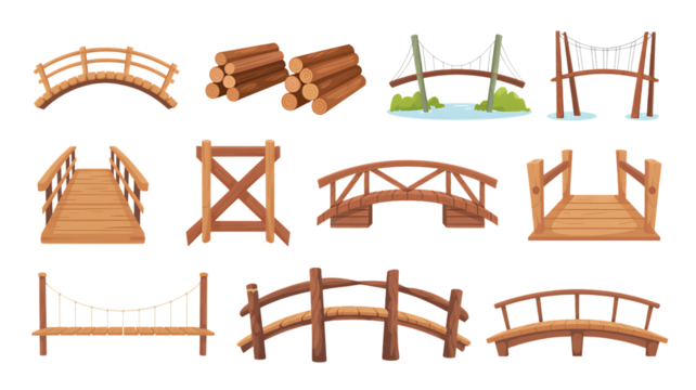Collection of cartoon wooden bridges and logs on a black background illustration png Design Elements Isolated on Transparent Background