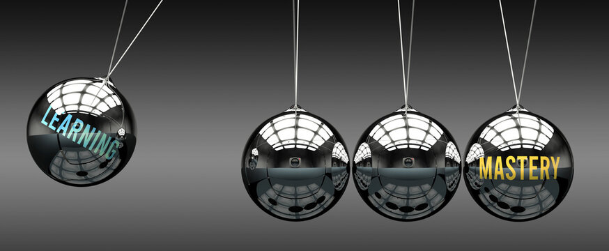 Learning leads to Mastery. A metaphor in which learning initiates motion of mastery and gives it energy. Cause and effect relation between learning and mastery. ,3d illustration