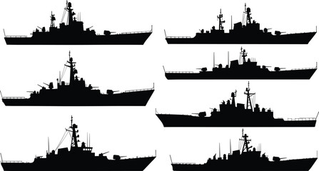 Silhouette naval warships vector illustration, military battleship icons, modern destroyer, cruiser, frigate, fleet vessels, defense navy ships, isolated black design set © Creatives Mind