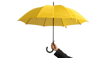 Hand holding a yellow umbrella on a black background graphic design png Design Elements Isolated on Transparent Background