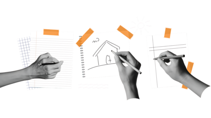 Hands drawing and writing on paper sheets taped to a black background notebook png Design Elements Isolated on Transparent Background