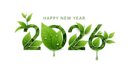 Happy New Year 2026 Green Leaves and Water Droplets