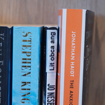 Close-up of book spines by authors Stephen King, Jo Nesb&oslash;, and Jonathan Haidt, including 'The Anxious Generation', on a bookshelf