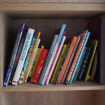 A vibrant and eclectic collection of books, featuring titles like '1000 SAMOLOTOW' and 'Pingwin', neatly displayed on a wooden shelf, reflecting diverse reading interests