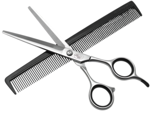 Professional Hair Cutting Scissors Crossed Over a Black Comb on Black Background salon png Design Elements Isolated on Transparent Background