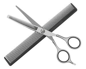 Professional Silver Scissors Crossed Over Black Comb On Black Background hairdressing barber png Design Elements Isolated on Transparent Background