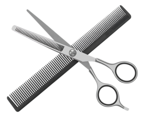 Professional Silver Scissors Crossed Over Black Comb On Black Background hairdressing barber png Design Elements Isolated on Transparent Background