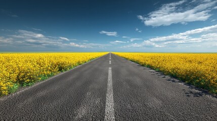 An empty asphalt road surrounded by a blooming yellow flower field under bright summer sky, photorealistic and cinematic.