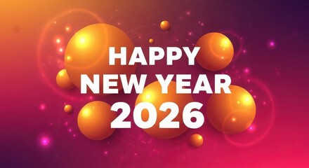 Happy New Year 2026 with glowing spheres and bokeh